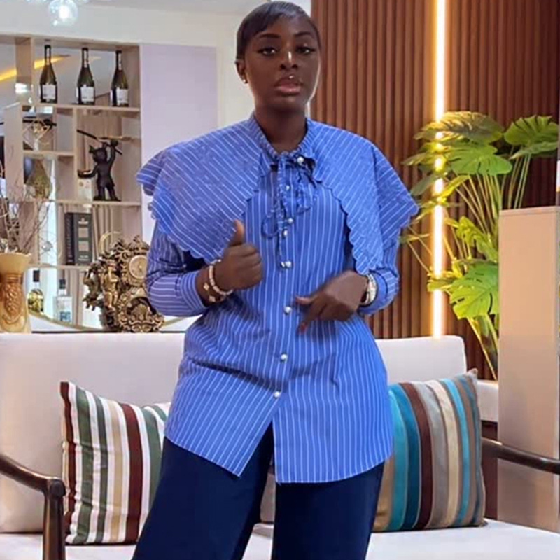 European and American Cross-Border Women's Clothing 2025 Autum New Design Navy Blue Blue Stripesd Loose Long-Sleeved Shirt Tops