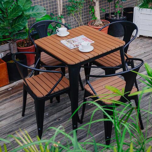 Outdoor WPC Table and Chairs, Courtyard Antic Wood Outdoor Leisure Dining Table, Garden Open Air Balcony Coffee Shop Table and Chairs Set