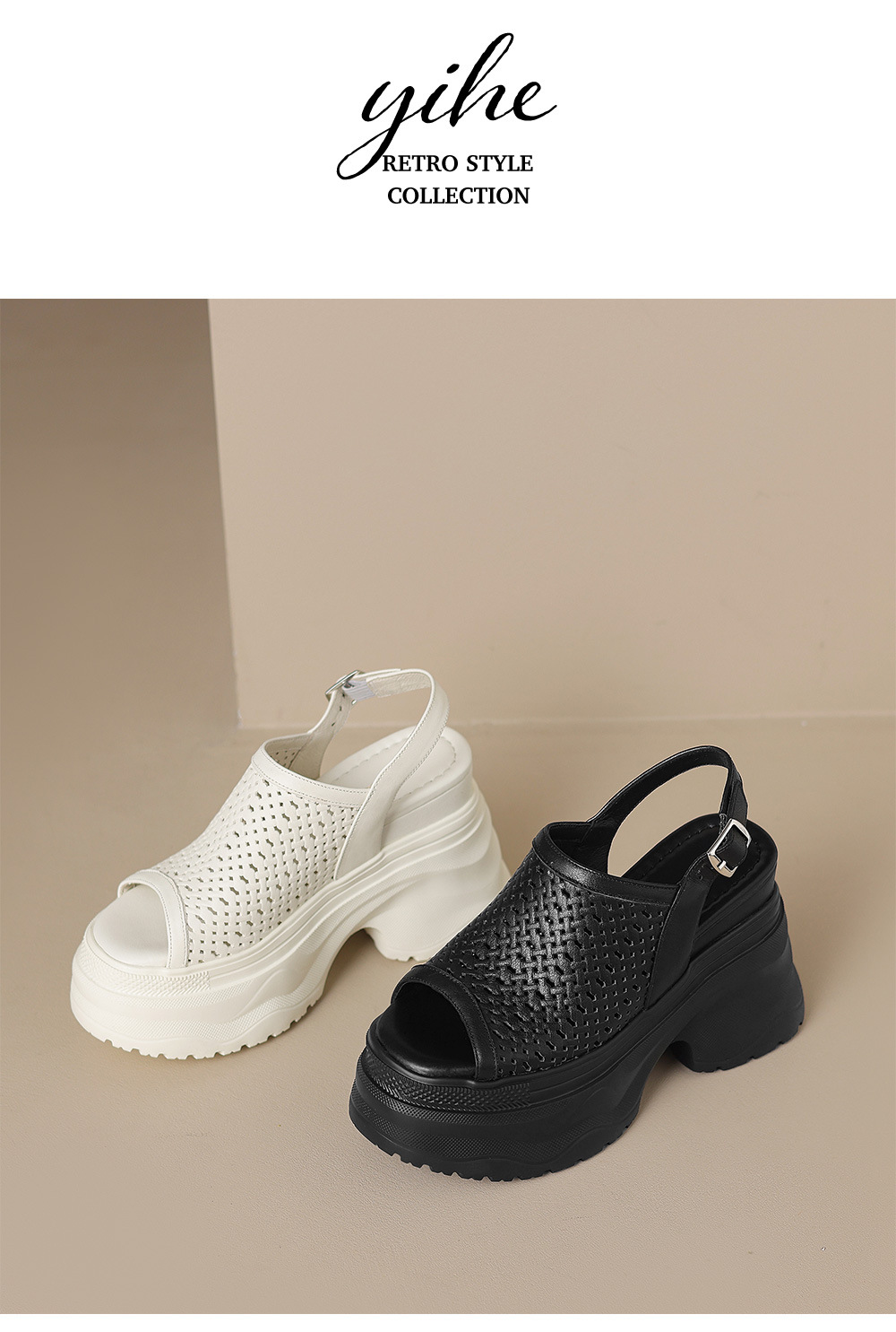 Sandal nữ tăng chiều cao 12cm đế xuồng đan kiểu La Mã hở mũi — Màu đen chi tiết 12