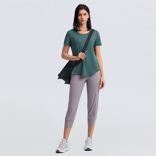 New lightweight, breathable, quick-drying, loose-fitting sports top, versatile slim-fitting solid-color fitness short-sleeved yoga wear