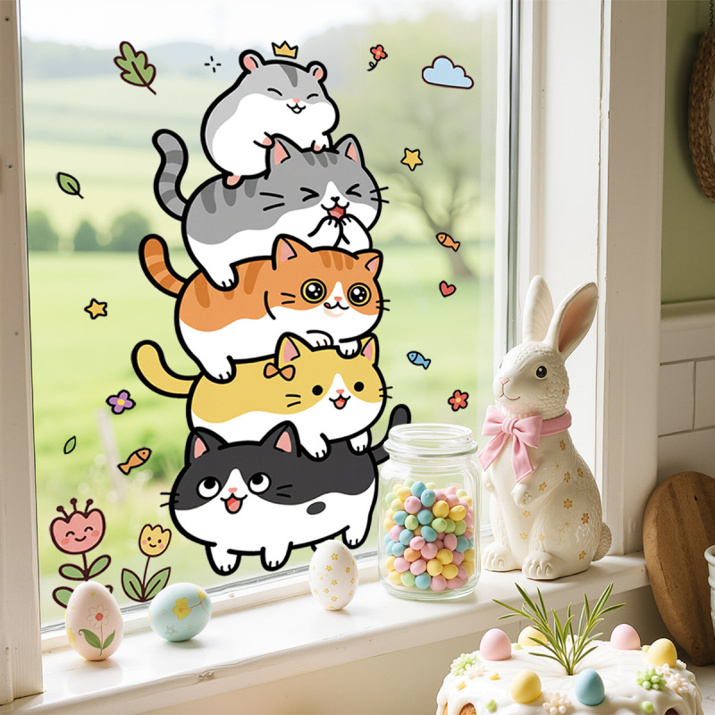 Cross-Border New Product Glass Uv Color Printing Decorative Wall Stickers Bathroom Sliding Door Decals Cartoon Cat Static Cling Stickers