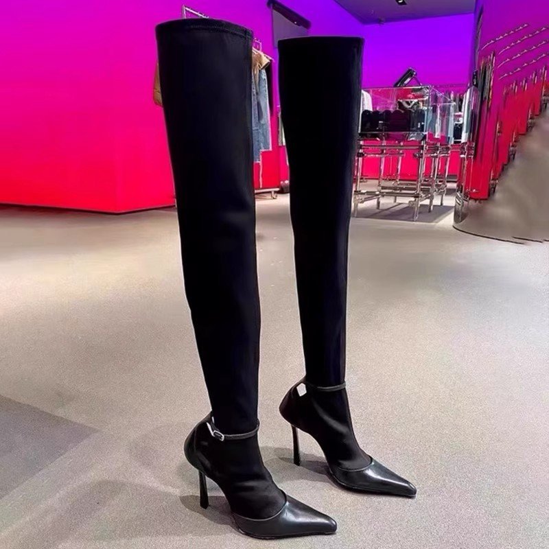 Mesh elastic high boots square toe stiletto heels