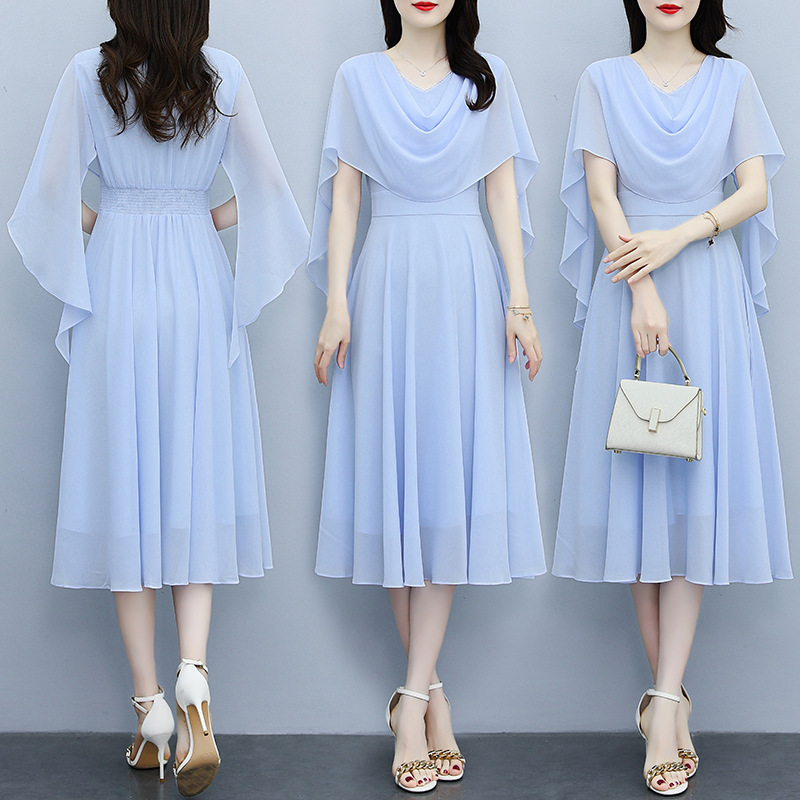 Real Shot of 2026 Summer French Designer-Style Solid Color Fashionable Slimming Elastic Waist Light Luxury Mid-Length Dress for Women