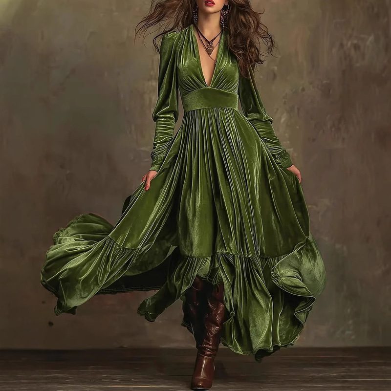European and American Cross-Border Amazon Velvet Ladies Elegant Retro Floor-Length A-Line Deep V Neck Long-Sleeved Dress