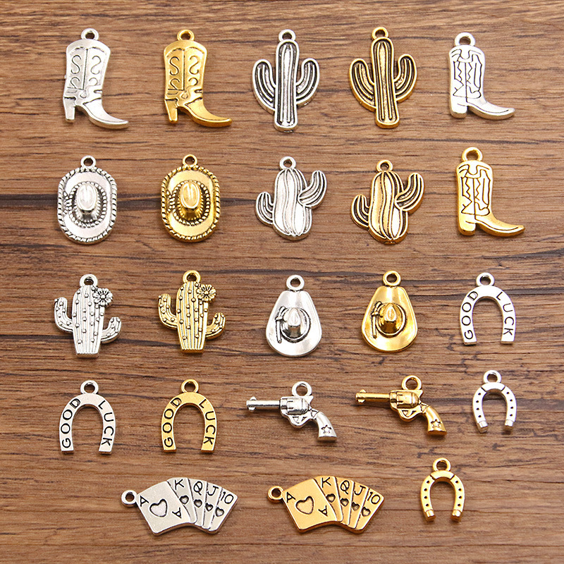 A Variety of 2-Color DIY Alloy Jewelry Accessories, Western Cowboy Charm, Boots, Cactus Hats, Pistol Pendants