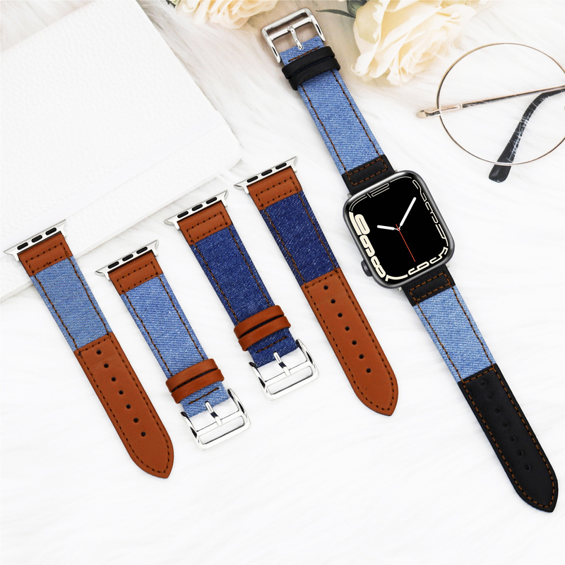 Cross-Border New iWatch Strap Suitable for Apple Applewatch Watch Denim Leather Smart