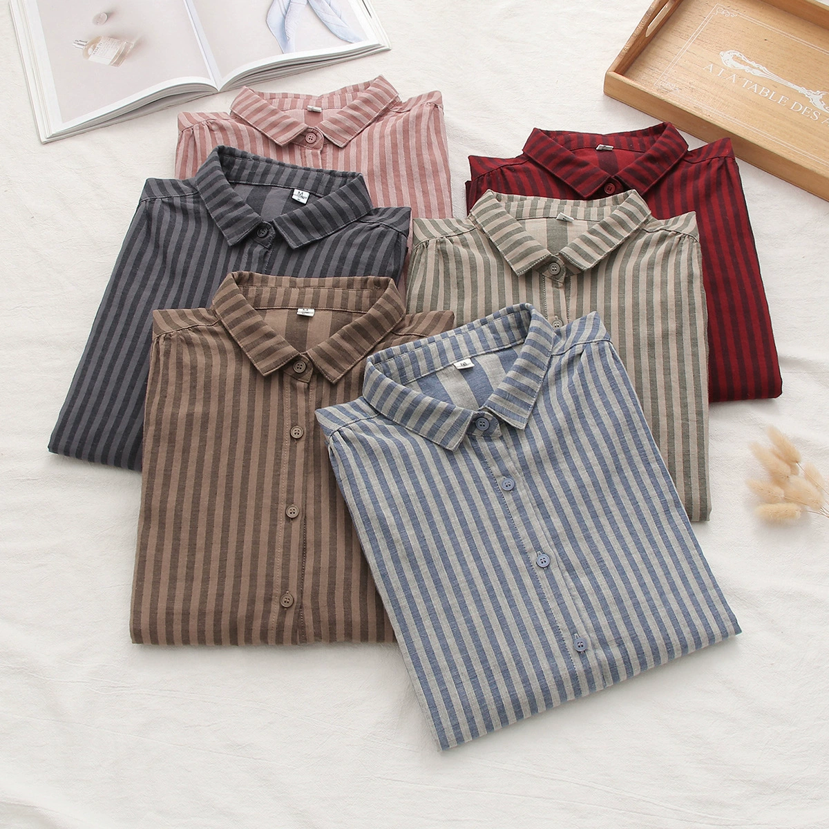 Корейская полосатая хлопковая и льняная ветряная однобортная рубашка с длинными рукавами женская осень 2024 новый свободный тонкий топ