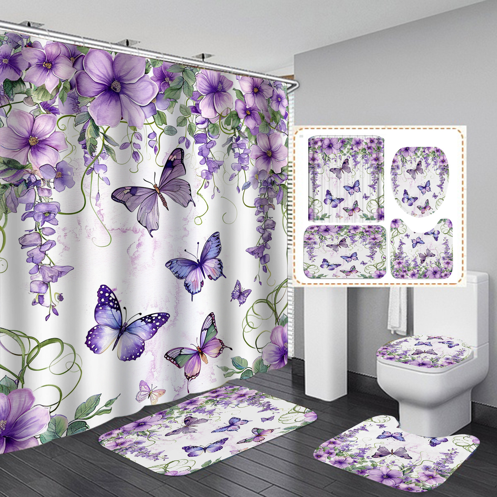 Flor de mariposa impresa cortina de baño a prueba de agua a prueba de moho nuevo tipo de tela retro sin perforación baño cortina de baño