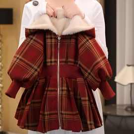 童装女童毛呢外套红色2025新款儿童冬季新年宝宝加绒格子年服外套