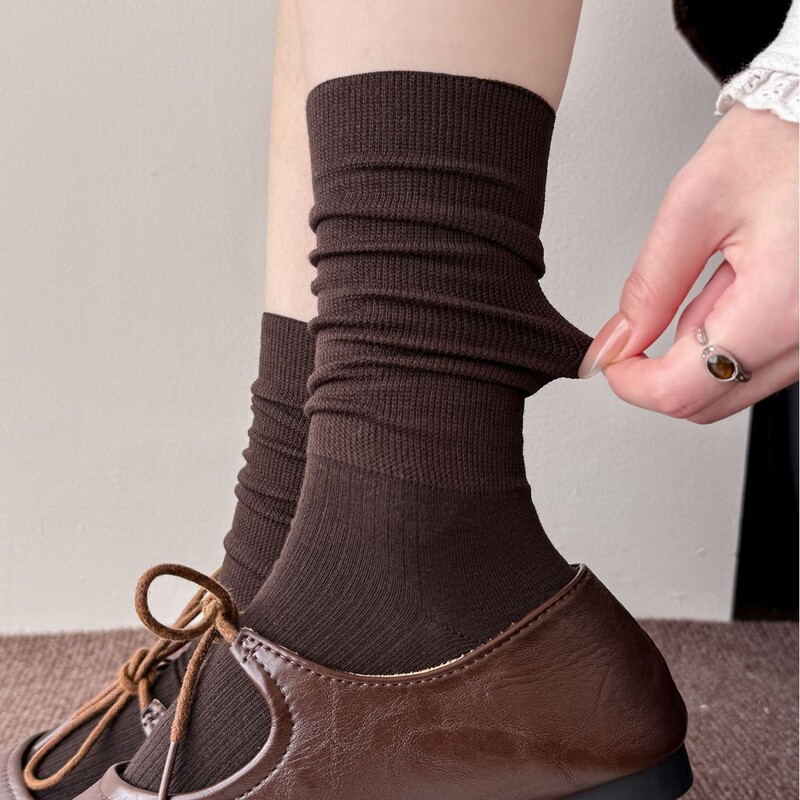 Women's Pure Cotton Socks for Autumn and Winter, Extended Length with Vertical Stripes, Seamless Slouch Socks, Solid Color Versatile Mid-Calf Socks to Match with Loafers