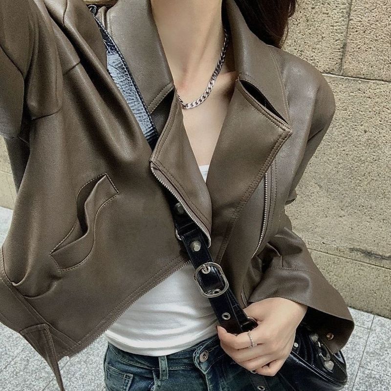 欧货翻领短款pu皮外套女加绒春秋新款感机车炸街小个子皮夹克|undefined