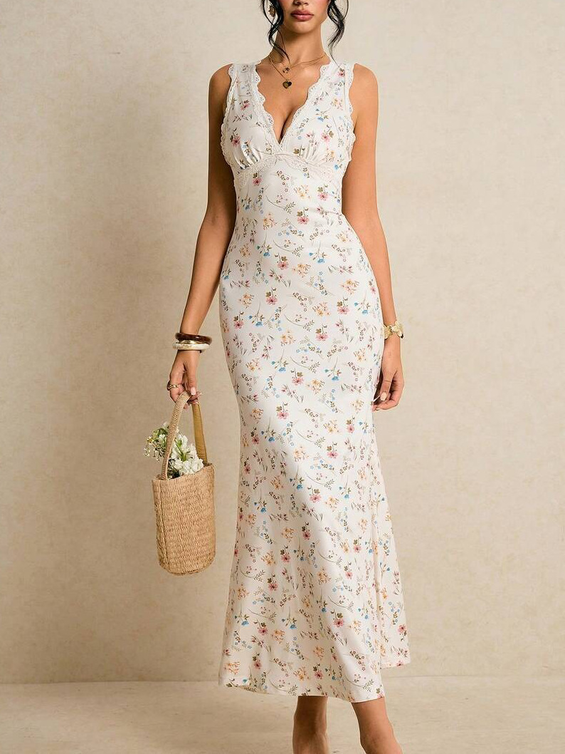 Vestido sin mangas de impresión europea y americana de verano de cuello en V bolsas de cintura de cintura de cadera de vestido largo ventas calientes transfronterizas
