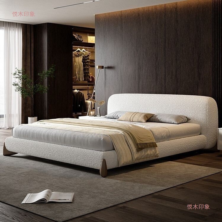 Cream Style Light Luxury Modern Simple Lambswool Bed Minimalist Internet Celebrity Solid Wood Double Master Bedroom Soft Velvet Fabric Wedding Bed