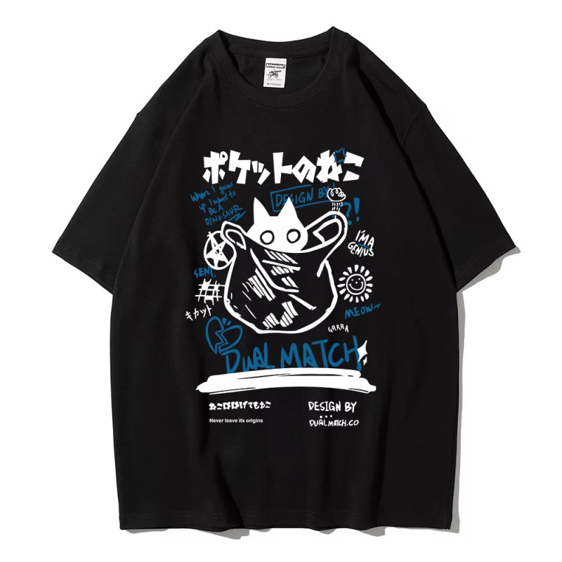 男女2024原宿川合伊猫プリント半袖tシャツ夫婦街頭カジュアルゆったり服Y2Kトップス|undefined