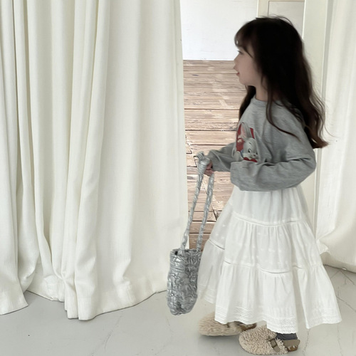 Yuyu Princess Girls' French Retro High-Waisted Flowy Semi-Skirt for Baby Girls with Lace Embroidery A-Frame Maxi Dress