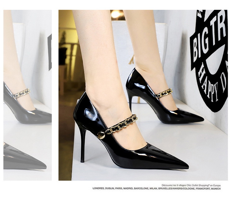 High heels women's shoes slim heels patent leather shallow mouth pointed metal chain line with single shoes_voghion.com