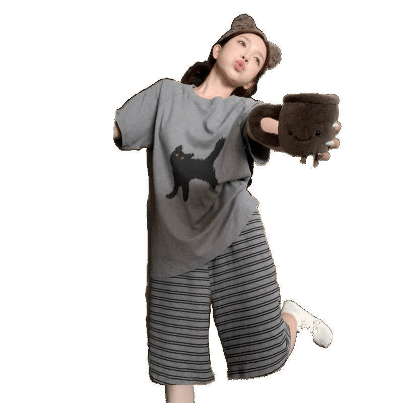 ストライプ子猫プリントコットンパジャマ女性のための夏 2025 新しいかわいい半袖ホーム服セット屋外で着用可能|undefined