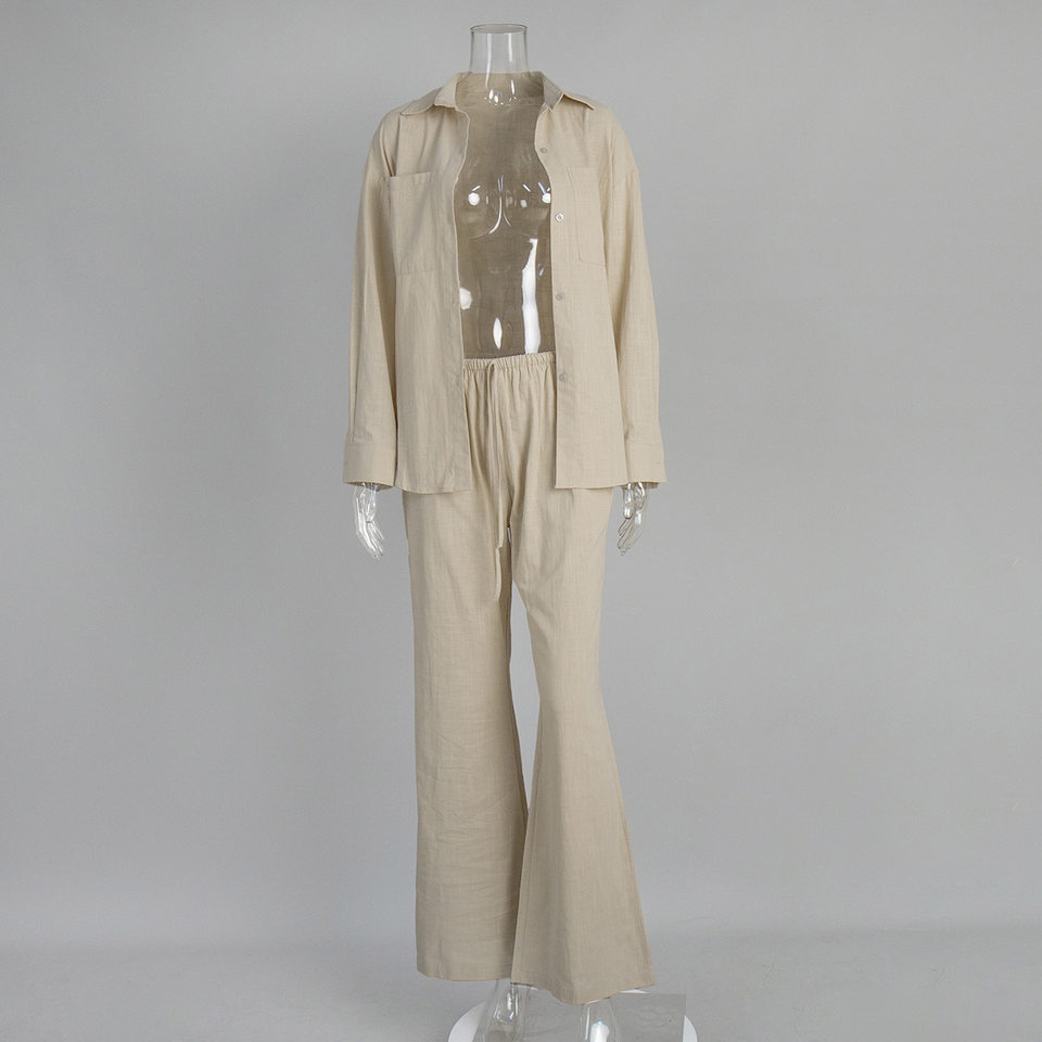 Bộ sơ mi dài tay cổ bẻ phối quần ống rộng dáng suông chất cotton — Màu cà phê, Màu cà phê nhạt, Màu kaki, Màu mơ chi tiết 11