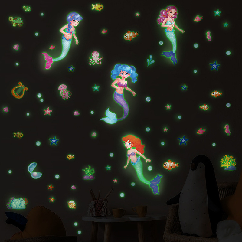 Cross-Border Luminous Playful and Cute Mermaid Bedroom Room Switch Sticker Cartoon Decorative Wall Sticker Pvc Material