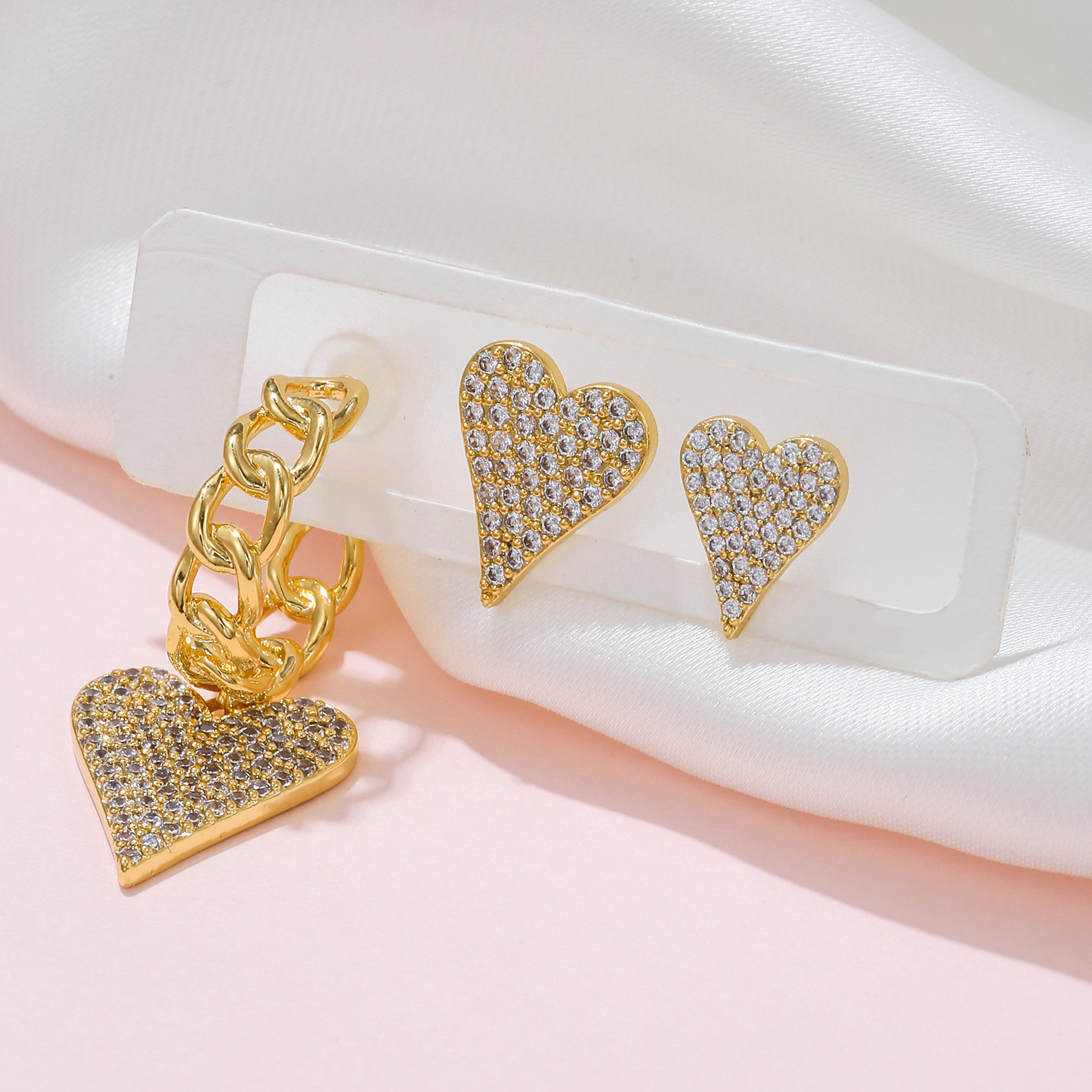 Fashion Heart Shape Brass Ear Studs Gem Copper Earrings 3 Piece Set