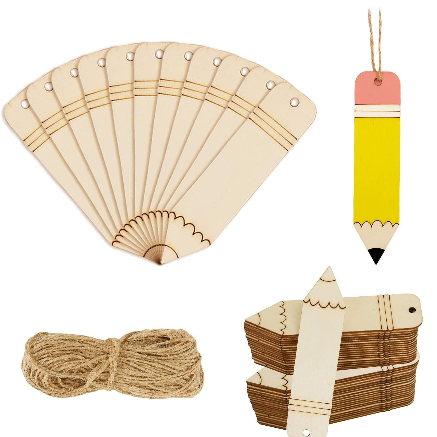 Wooden Blank Pencil-Shaped Bookmarks DIY Unfinished Hollow Design with Jute Twine Tags — Study Accessories