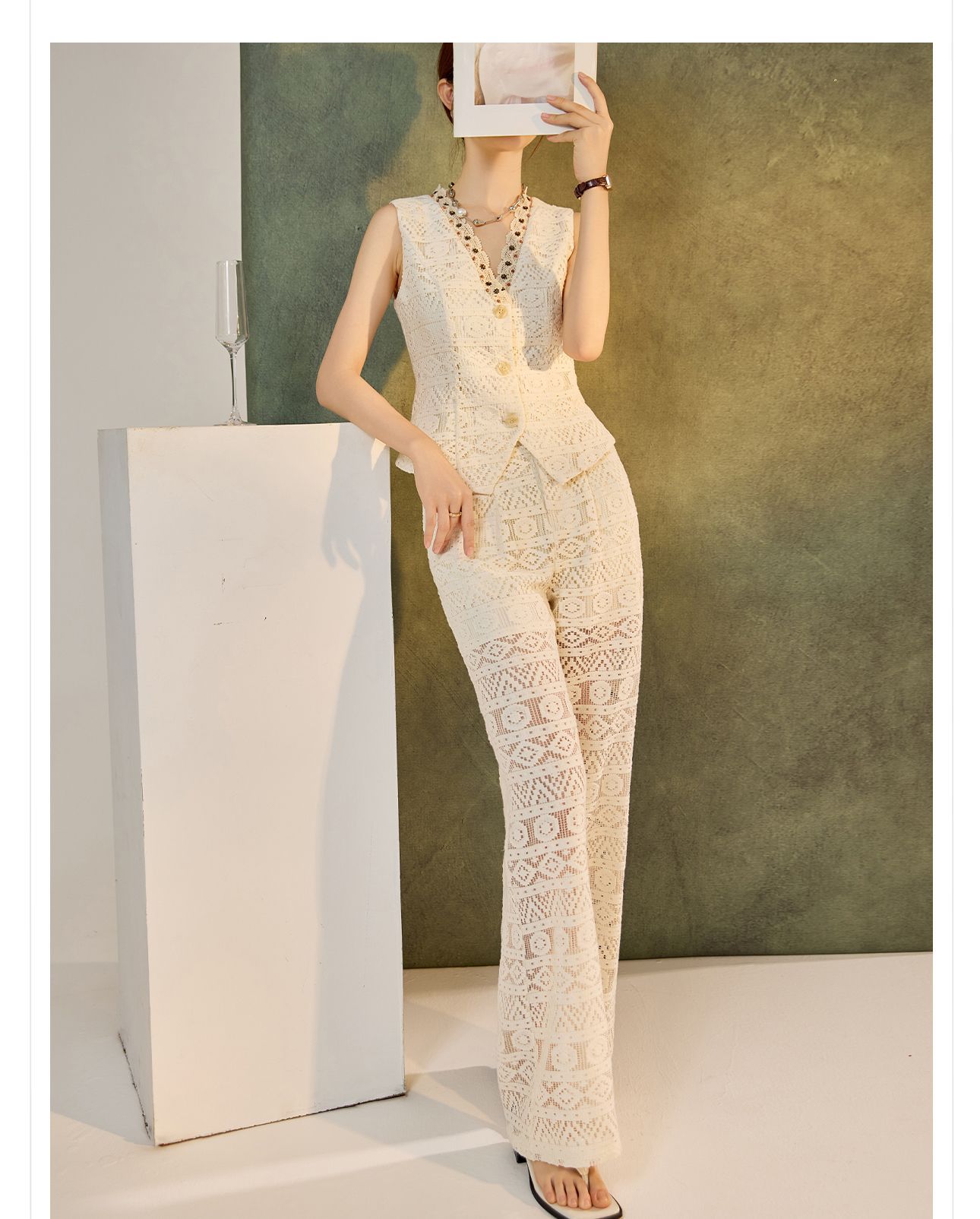 Bộ vest quần dài nữ cổ chữ V khoét lỗ phong cách retro cao cấp mùa hè 2026 — Quần dài, Vest [có dây ruy băng] chi tiết 15