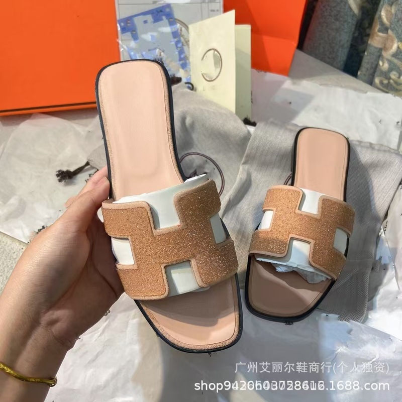 外国貿易ホットセール卸売ハイバージョン H ファミリーフラットスリッパ女性のシープスキンオールインクルーシブラインストーンアウターウェアワンライン快適|undefined