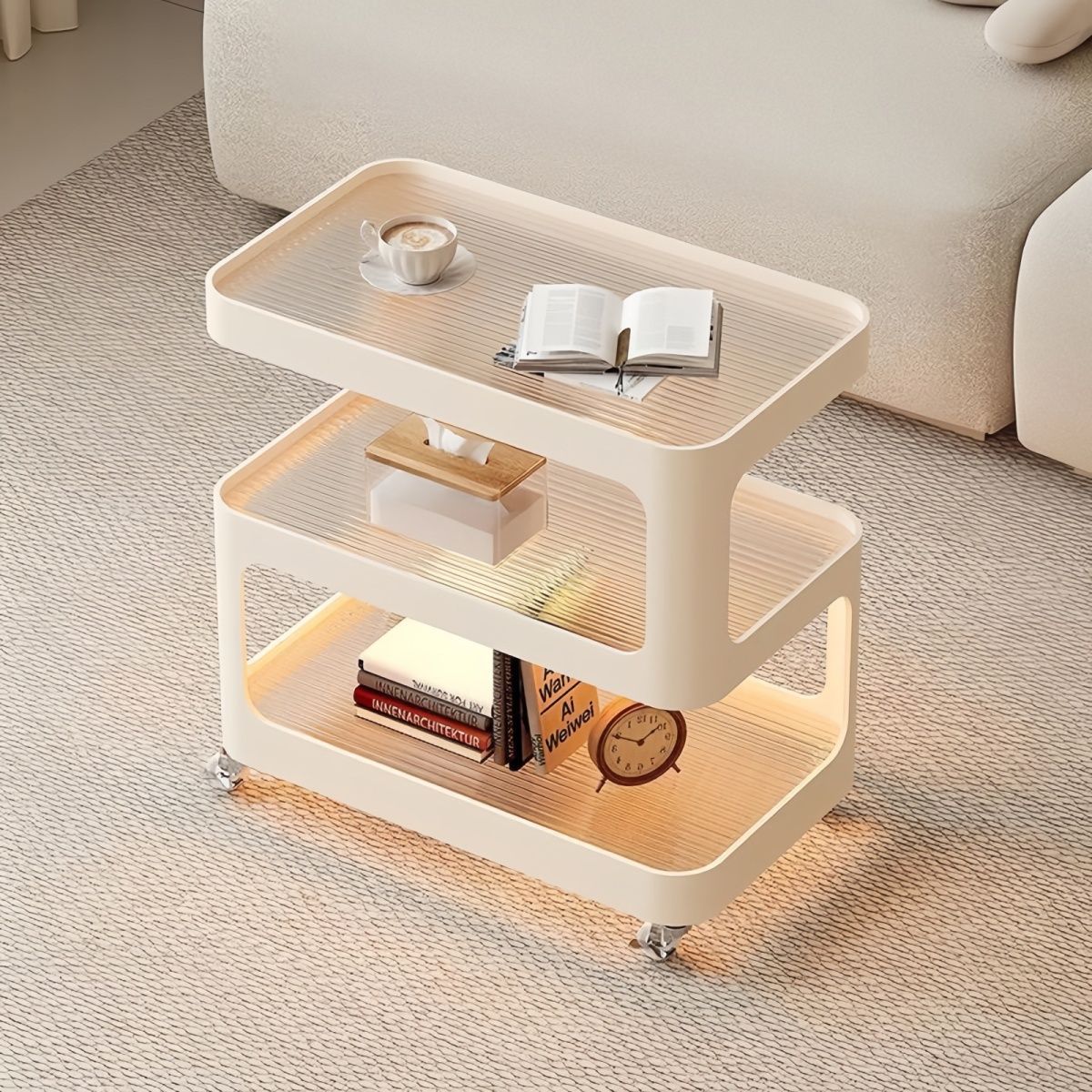 J^ Sofa Side Table Cream Living Room Mobile Coffee Table Modern Trolley Bedside Storage Rack Side Cabinet Antique Glass Side