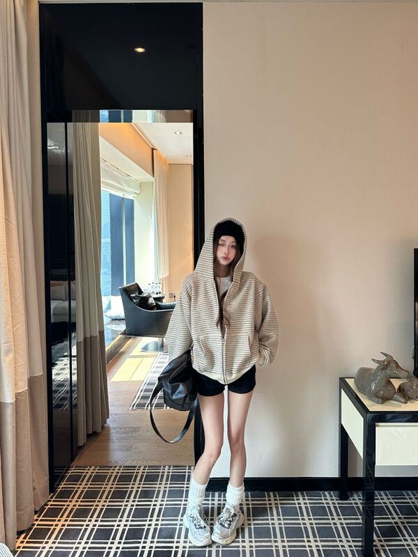 韩系慵懒风撞色条纹连帽拉链卫衣外套女秋季小众百搭宽松显瘦上衣|undefined