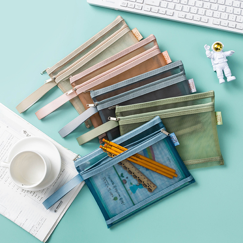 Morandi Double Layer A4 File Bag Test Paper Storage Bag A5A6 Mesh Pencil Bag Transparent Office Classified Bill Bag