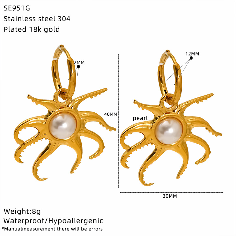 11g Weight 1 Pair Beach Modern Style Octopus 304 Stainless Steel 18K Gold Plated Drop Earrings