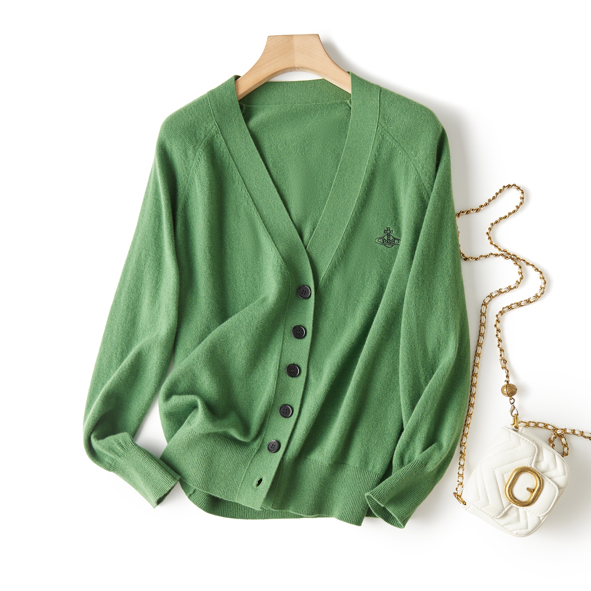 星球刺绣点缀宽松显瘦中长款插肩袖全羊毛v领长袖针织开衫018