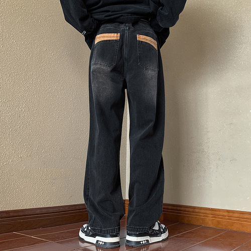 Men's American-style denim jeans with belt, straight-leg loose fit, high street vibe, national trend oversize spring wide-leg pants