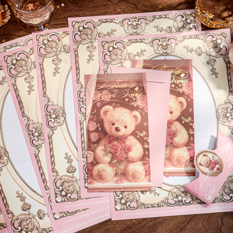 Carta de primera vida en papel Juego de sobres de papel Corazón de oso Serie de música Ilustración linda Mensaje de estudiante Envío de sobres de papel de carta