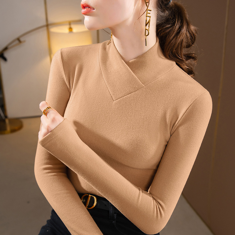 Camiseta DeRong para mujer, estilo nuevo otoño-invierno 2024, top con cuello en V superpuesto, camiseta cálida de manga larga, cuello en V versátil.