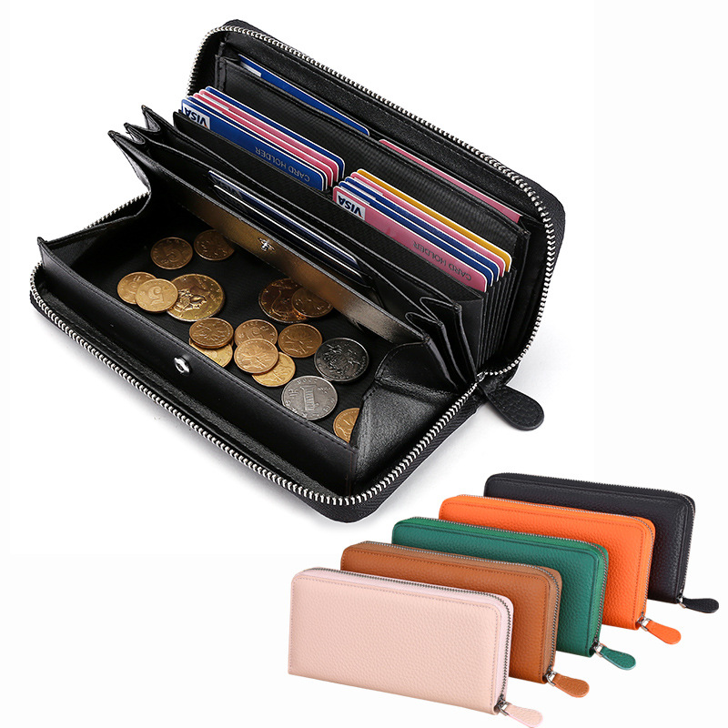 Gran patrón de cuero genuino de las mujeres largas billetera de moda embrague RFID antirrobo cepillo de piel de vaca titular de la tarjeta monedero