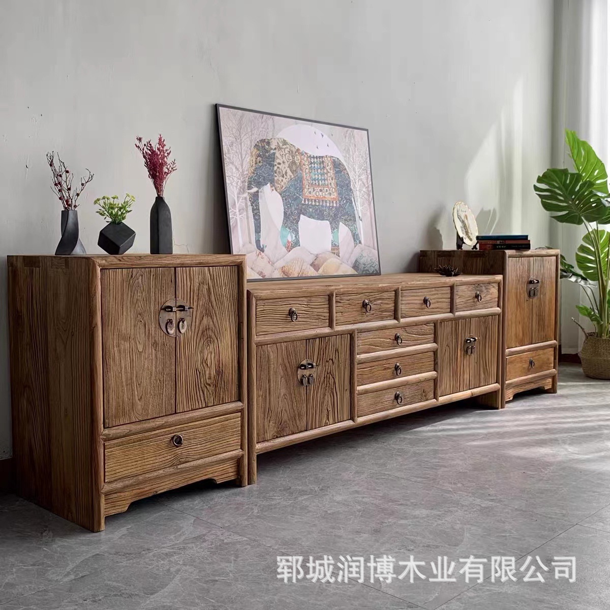新中式老榆木电视柜客厅视听收纳柜背景矮柜落地柜禅意实木家具