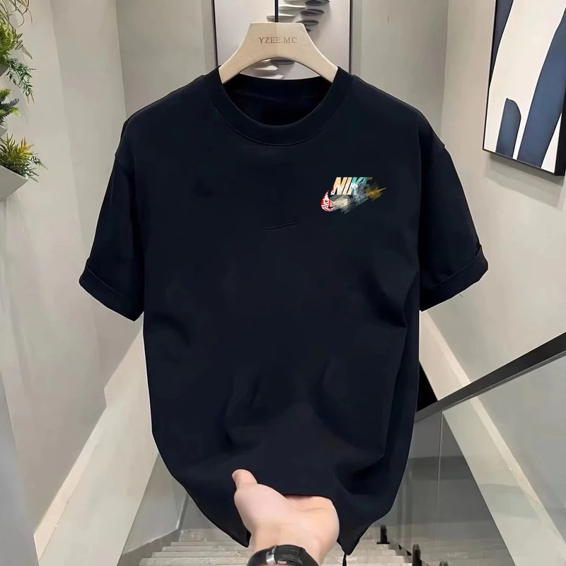 2025 夏ラウンドネックプリントルーズインファッション多用途 Tシャツヘビートレンディなブランドメンズピュアコットン半袖 Tシャツ|undefined