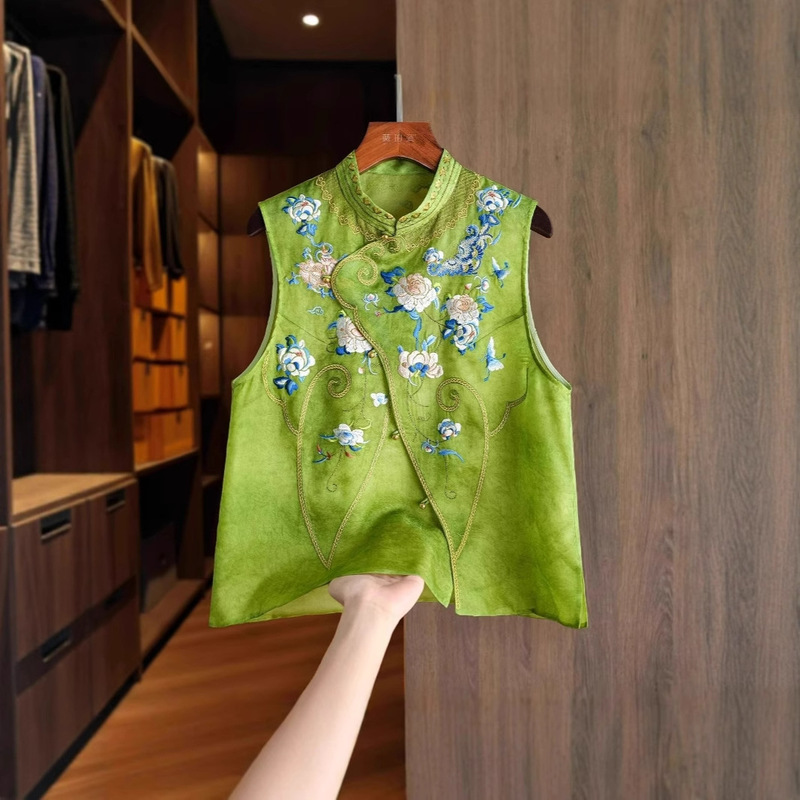 Green Organza Heavy Embroidery Chinese-Style Vest for Women, Summer Super Pretty Improved New Chinese Tang Suit Top Green Organza Heavy Embroidery Chinese-Style Vest for Women, Summer Super Pretty Improved New Chinese Tang Suit Top