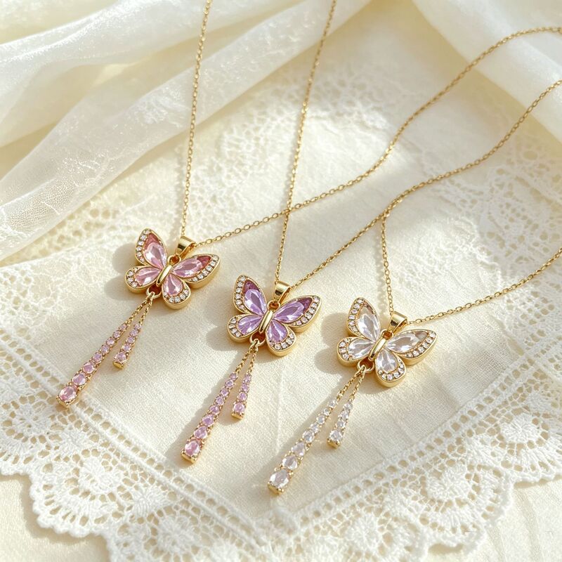 Butterfly Tassel [Titanium Steel] Light Luxury Temperament Gorgeous Diamond Necklace Female Internet Celebrity All-match Clavicle Chain Titanium Steel Chain