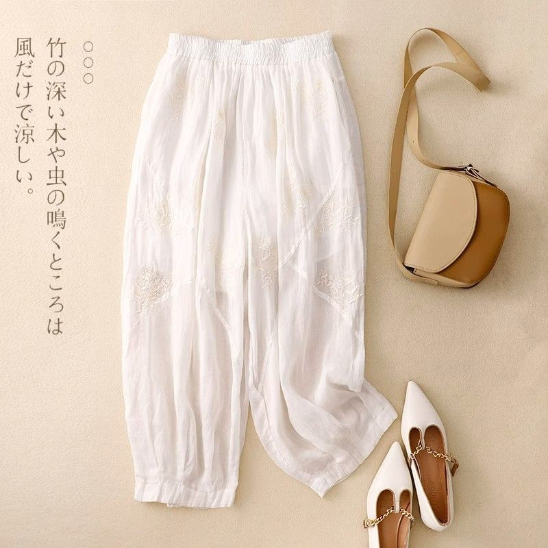 綿とリネンのアートハーレムパンツ婦人服 2025 夏の新レトロ刺繍軽くて通気性のある弾性ウエストブルマトレンディ|undefined