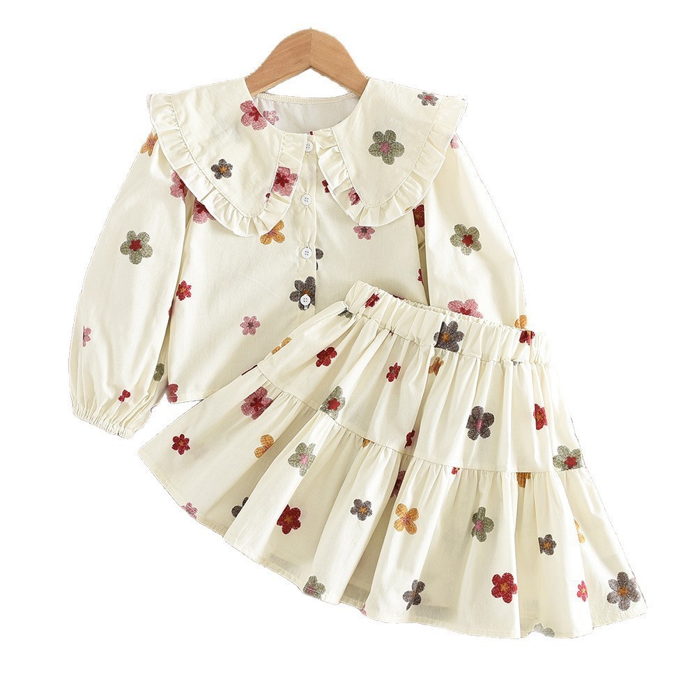 Temu Spring and Autum New French Sweet Bow Printed Doll Collar Top Elastic Puffy Skirt Two-Piece Set