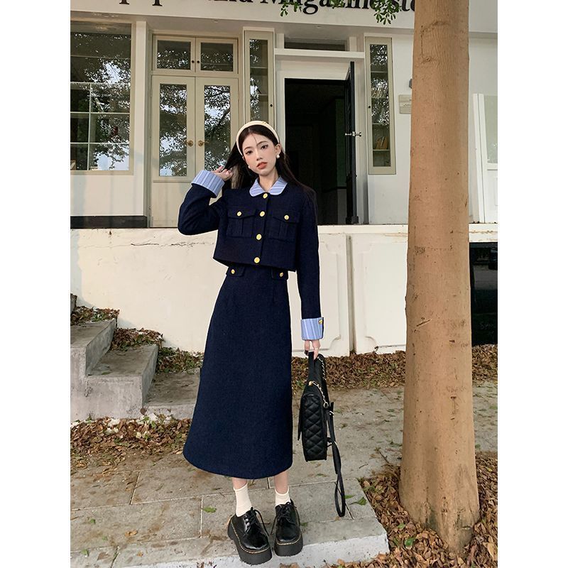 uj法式小香风长袖外套条纹拼接连衣裙女秋冬新款时尚两件套sd|undefined