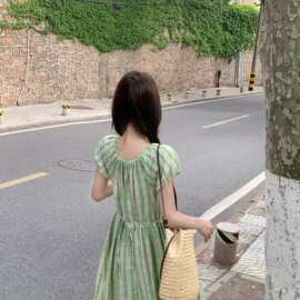 重工蜜瓜绿日系格纹可抽绳系带连衣裙图片色涤纶