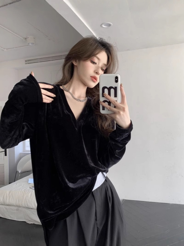 【自宅工場現物】vネック長袖ベルベットtシャツ女性気質ゆるい中長タイプのインナーシャツ上着|undefined