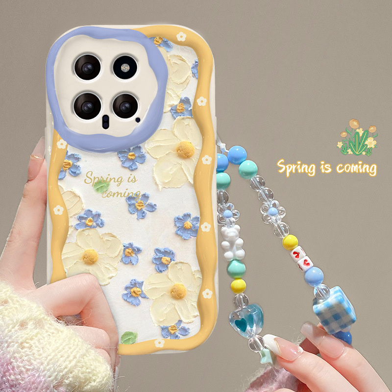 適用小米14/13pro手機殼note12/11滿屏油畫花朵鏈條紅米k70透明軟