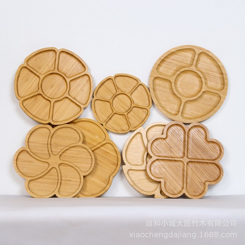 创意竹子分格盘圆形水果盘花朵坚果零食盘高级感茶几分格家用托盘