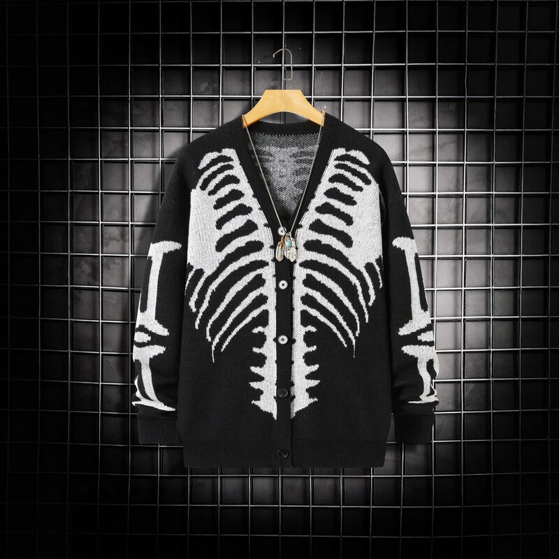 Cross-border e-commerce independent website: Men's skull-patterned jacquard knit cardigan, V-neck, loose-fitting sweater, European and American street style, hip-hop Cross-border e-commerce independent website: Men's skull-patterned jacquard knit cardigan, V-neck, loose-fitting sweater, European and American street style, hip-hop
