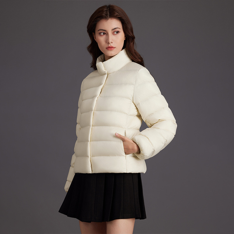 2025 Autumn and Winter New Women's Lightweight White Goose Down Dress Women's Korean Style Vertical Collar Hoodless Short Ultra-light Down Jacket
