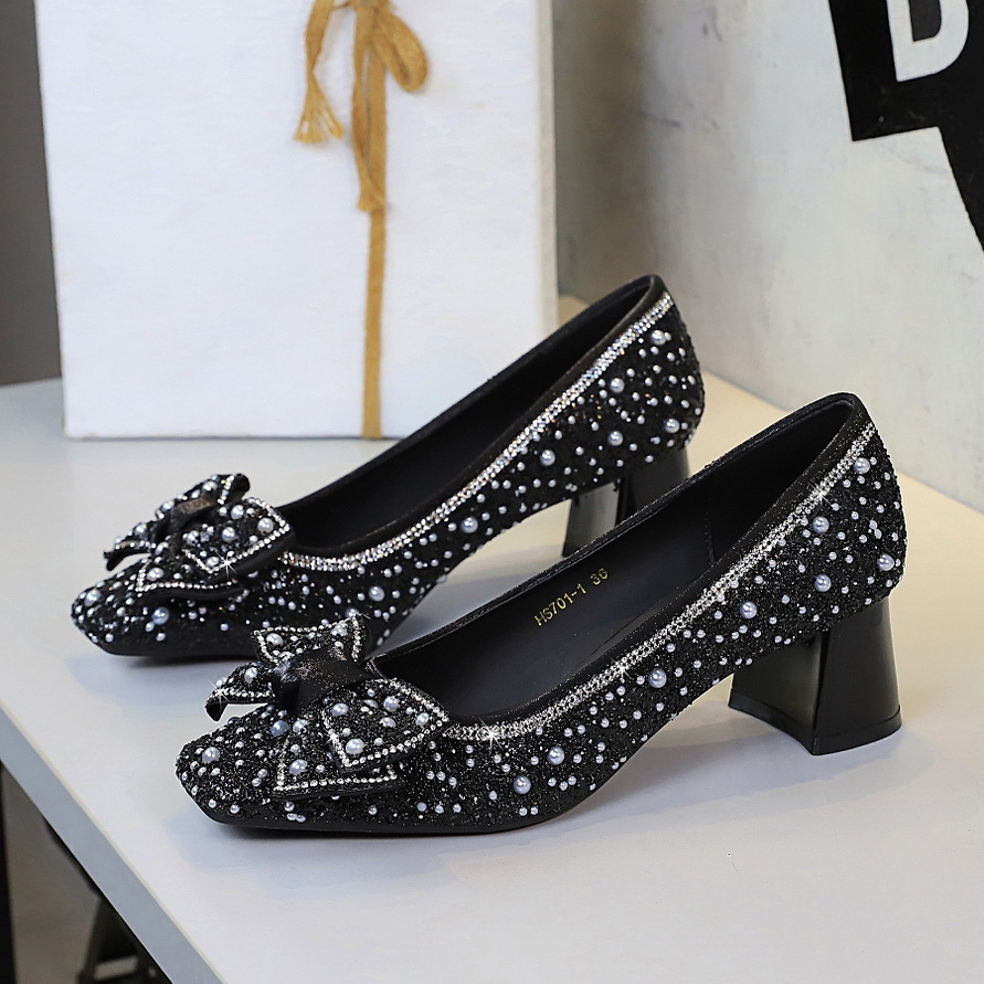 701-H99 Medium heeled Coarse Custom Shoes Women's Versatile Shallow Mouth Sparkle Water Diamond Bow Dress Wedding Shoes High Heels